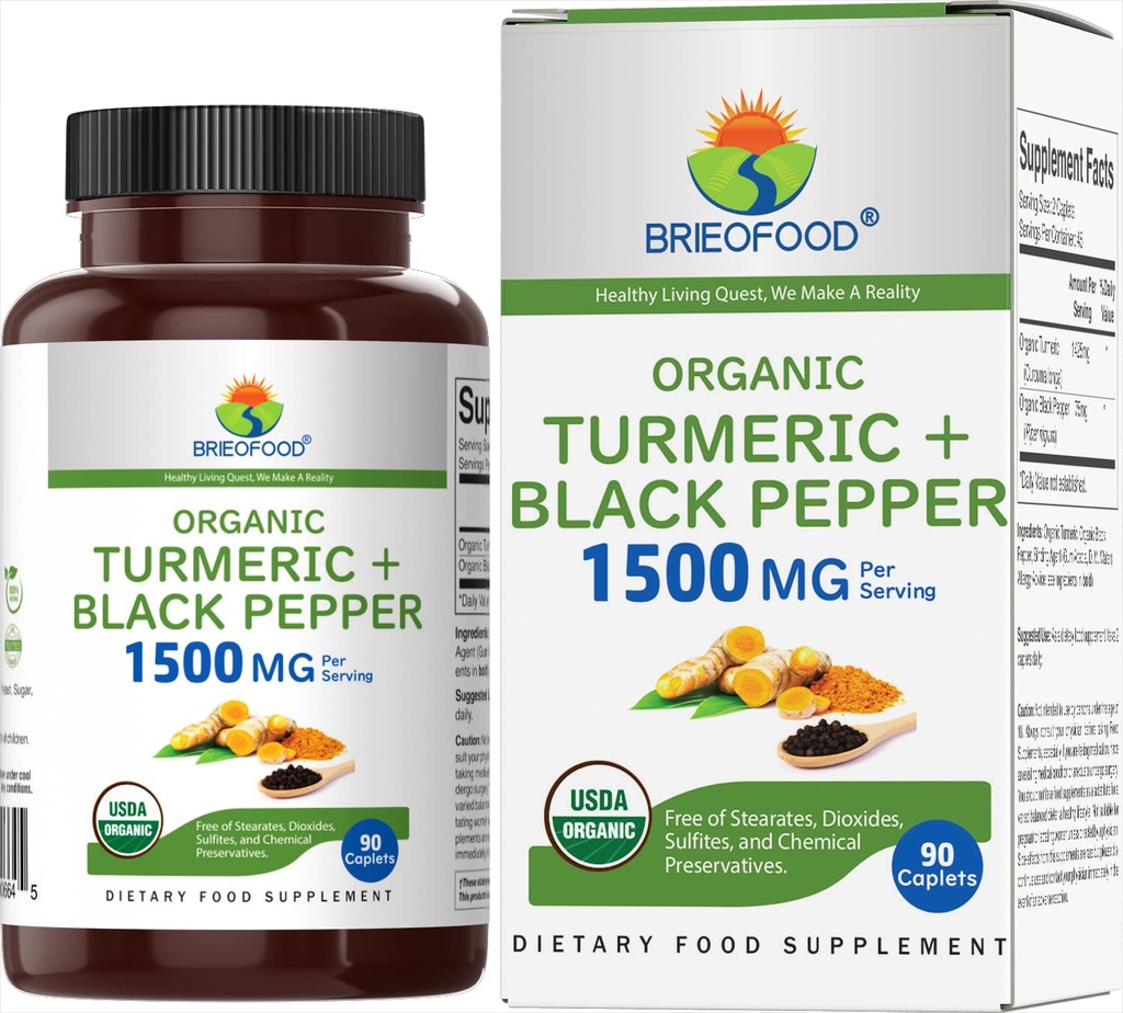 Brieofood Organic Turmeric with Black Pepper 1500mg, 45 Servings, Vegetarian, Gluten Free, 90 Vegetarian Tablety