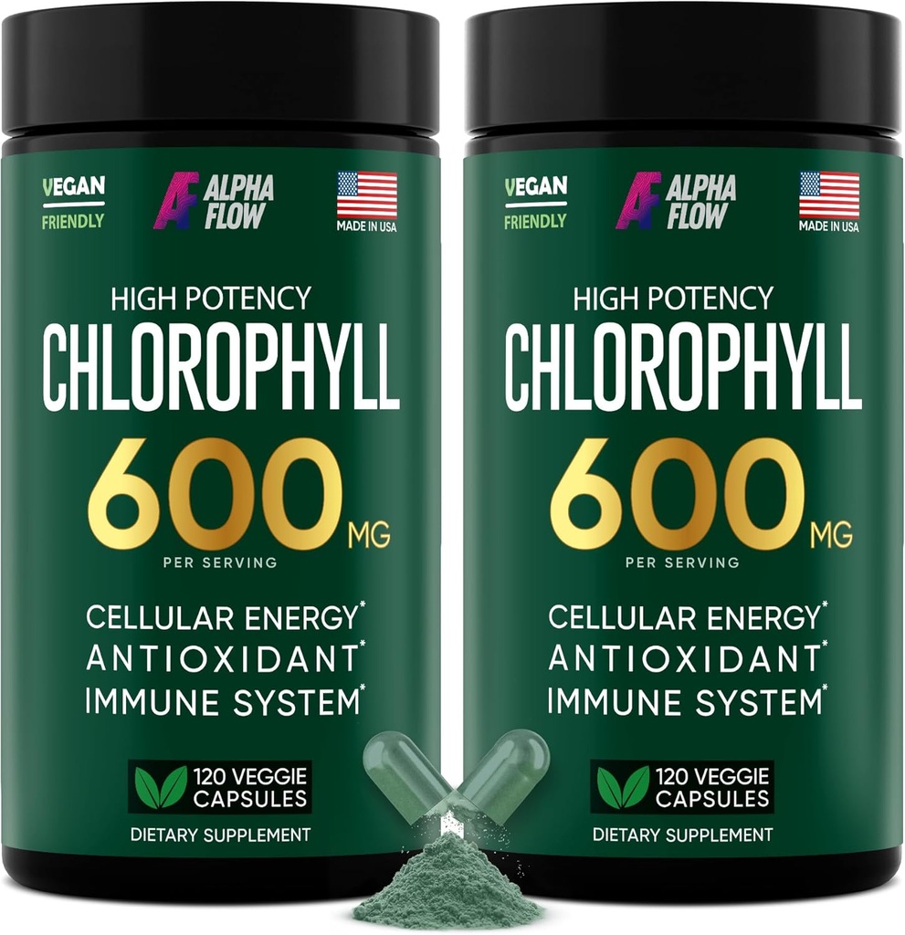Alpha Flow [2 Pack] Chlorofyl Kapsle 600mg - Chlorofyl dodatek pro energii a kůži - Vnitřní deodorant pro ženy a muže - Alternativa k kapalné kapky - 240 Vegan pilulky