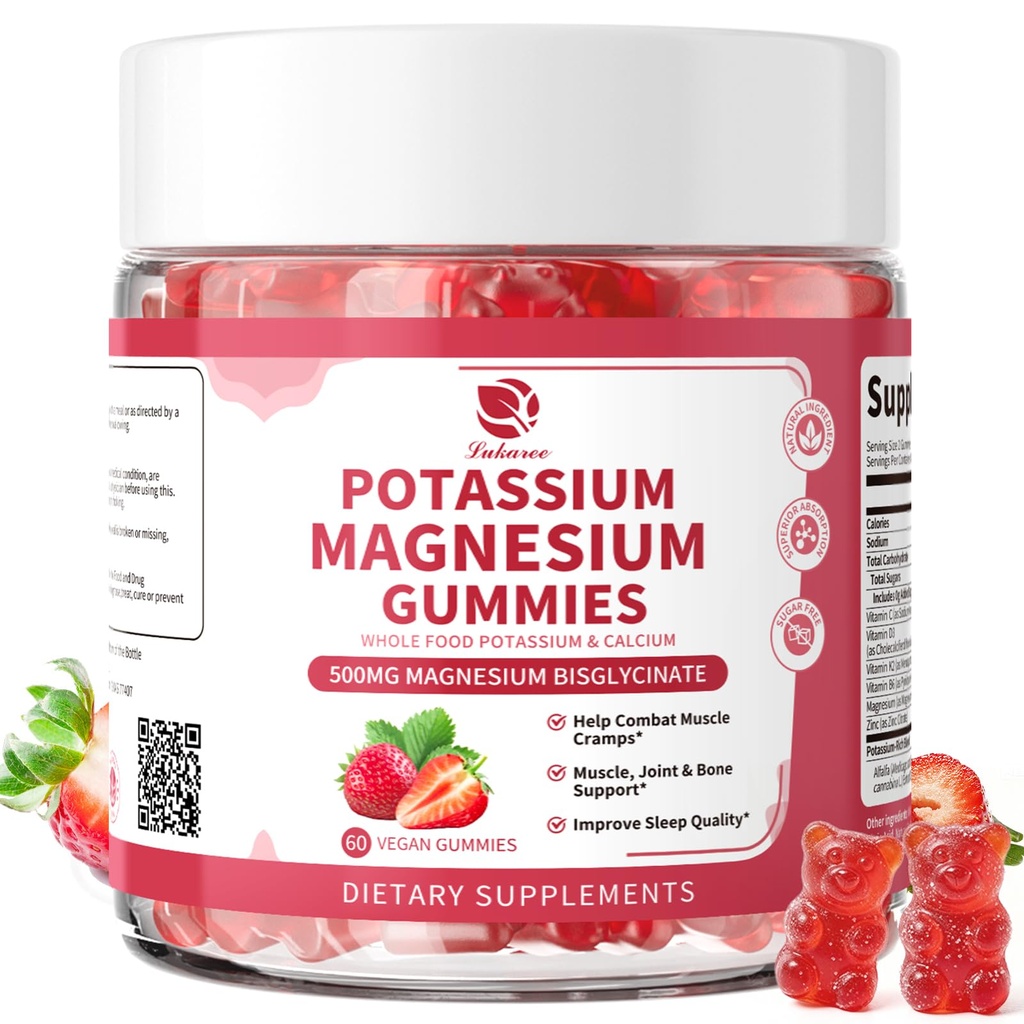 Magnesium Supplement Draslík Gummies - Nová formule klid Magnesium Glycinát Gummies & Draslík Citrát 200 mg Plus Omega 3, B6, D3, K2 & vápník pro Zzz, Leg Cramps & Muscle - 120 Počet