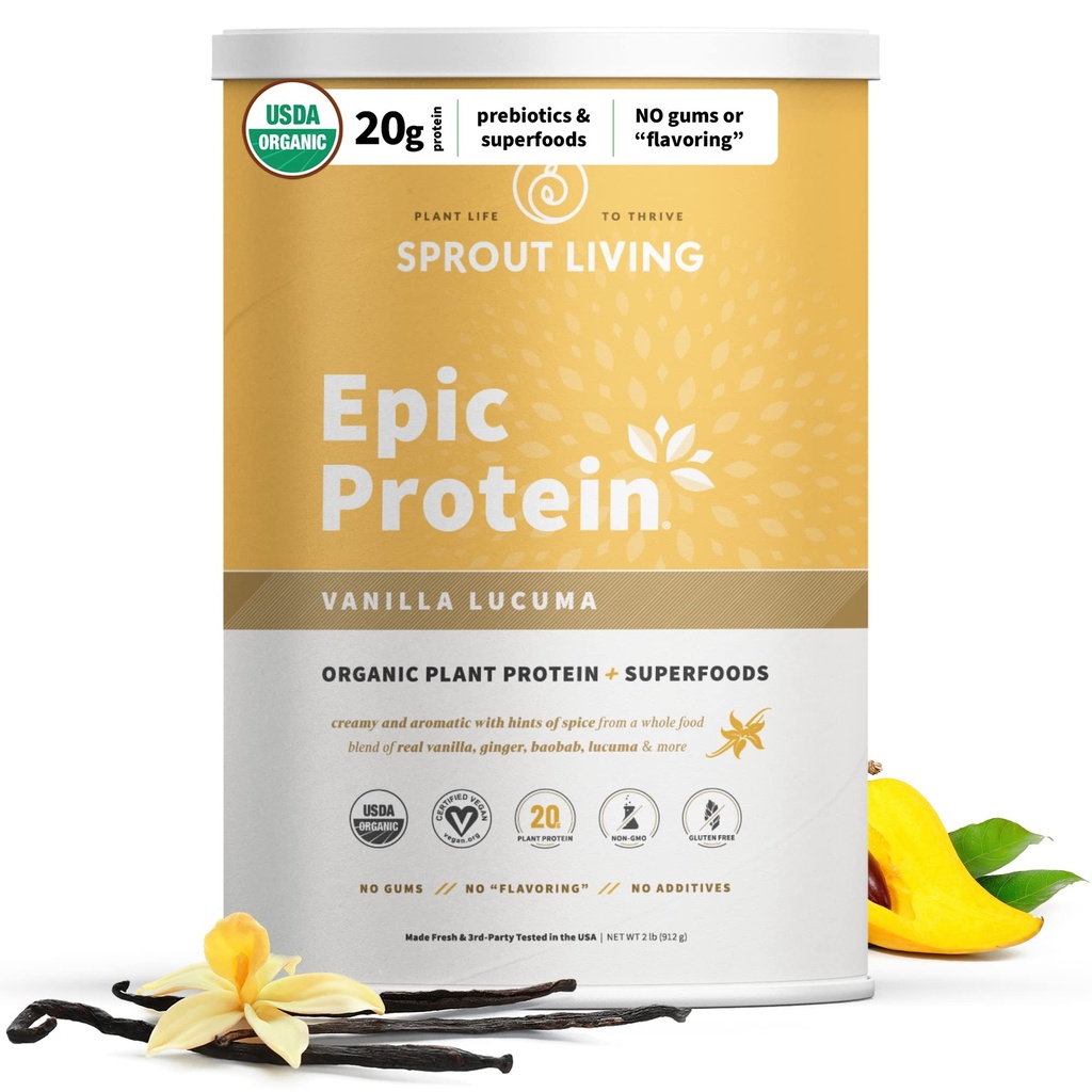 Sprout Living Epic Protein, Plant Based Protein & Superfoods Powder, Vanilla Lucuma Powder 124; 20 Grams Organic Protein Powder, Vegan, Non Dairy, Non- GMO, Gluten Free, Nízký cukr (2 litry, 24 Serving)