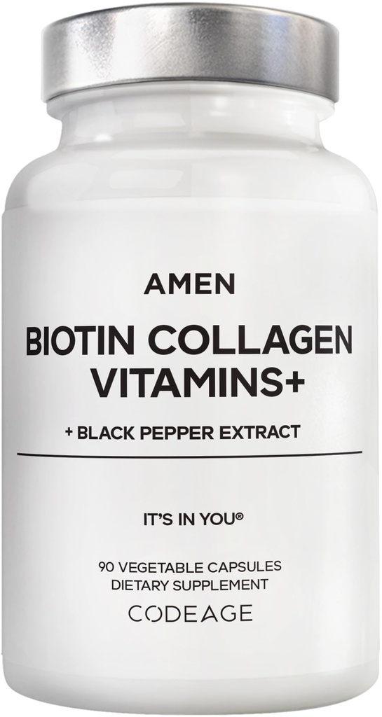 Amen Biotin Kolagen Vitaminy + 10 000 mcg Biotin dodatek - Hydrolyzované kolagen, Vitaminy C & E, Folát, Hyaluronic Acid, Keratin, MSM, Saw Palmetto - 3-Month Supply - Non- GMO - 90 Kapsle