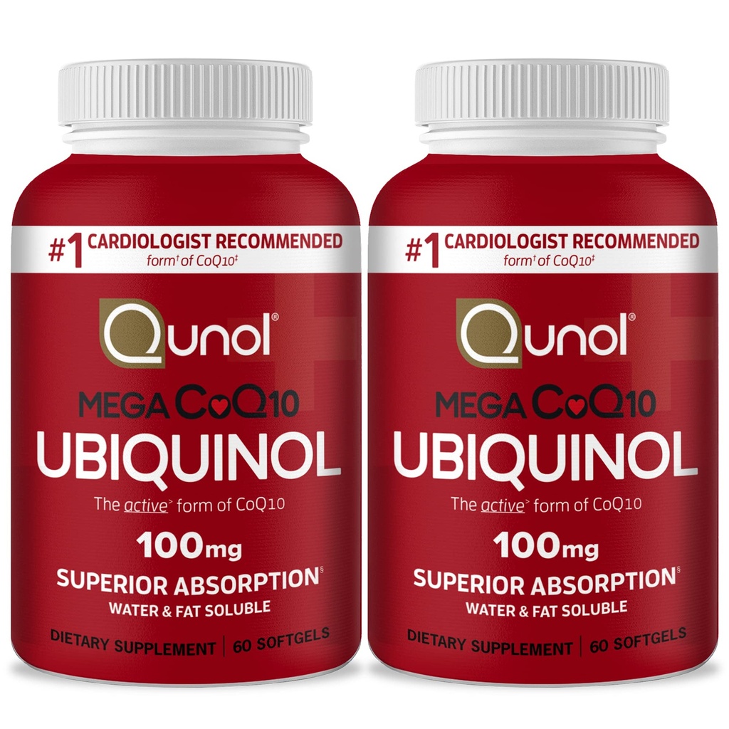 Qunol Mega Ubiquinol Coq10 100mg, Superior Absorpce, patentovaná voda a tuk rozpustný přírodní doplněk forma koenzymu Q10, Antioxidant pro srdeční zdraví, 60 Softgels, Balení po 2