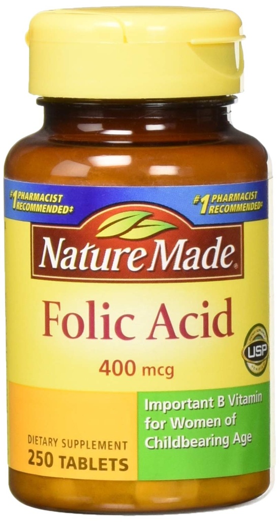 Přírodní kyselina listová (400 mcg) Tablety, 250 Počet, Balení po 2
