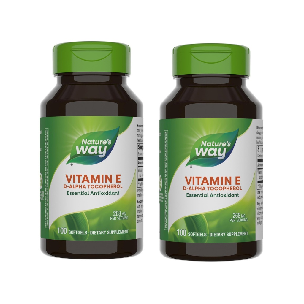 Nature 's Way Vitamin E, D- Alpha Tocopherol, Essential Antioxidant, Napomáhá neutralizaci volných radikálů *, 268 mg na servírování, 100 Softgels (Balení května Vary) - 2 balení