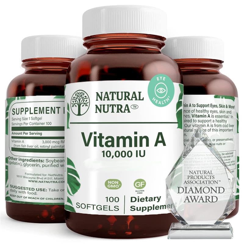 Natural Nutra Vitamin A 10,000 IU Softbels - High potency Eye and Skin Vitamins - Gluten- Free - Doplněk pro zrakové a kožní zdraví - Rybí jaterní olej pro muže a ženy, Gluten Free 100 Softbels (2 balení)