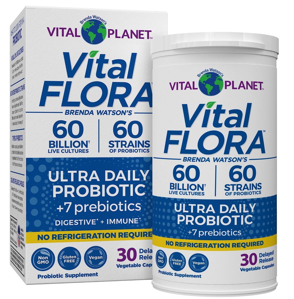 Vital Planet - Vital Flora Ultra Daily Probiotic 60 miliard CFU, 60 Diverse Straight Strains, 7 Organic Prebiotics, Imunitní podpora, Digestive Health Secure Stabilní Probiotika pro ženy a muže 30 Kapsle