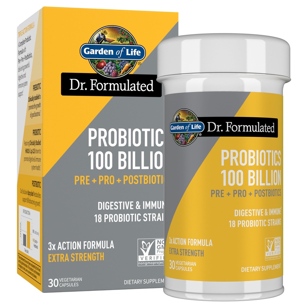 Zahrada života Dr. Formitated Pre, Post & Probiotics 100 miliard CFU jednou denně 3-in-1 Kompletní Probiotika, Prebiotika & Postbiotika Dodatek pro ženy a muže - Extra síla, 30 Den Dodávka
