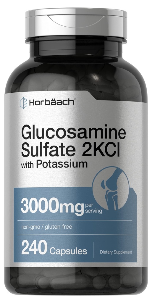 Horbäach Glucosamine Sulfát 2KCI s kalium-124; 3000mg-124; 240 Kapsle 124; Non- GMO a gluten zdarma dodatek