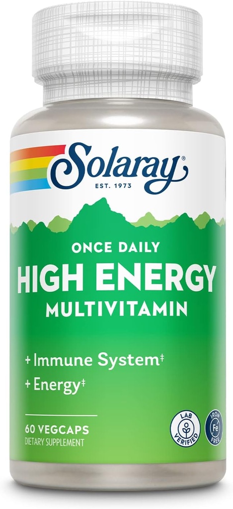 SOLARAY Jednou denně High Energy Multivitamin, Železo zdarma, imunitní systém a podpora energie, Celé potraviny a byliny základní složky, Muži a ženy Multi Vitamin, 60 Služeb, 60 VegCaps