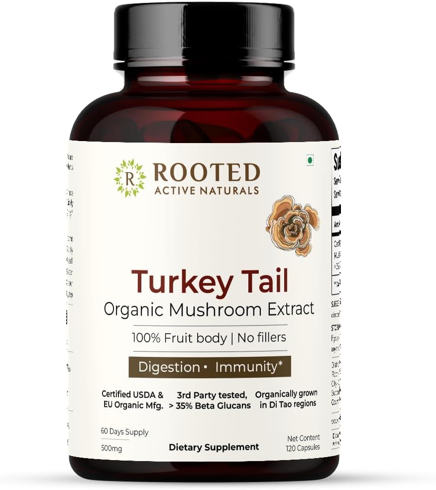 ROOTED Active 's Turkey Tail Mushroom Extract Capsle 124; Heart Health, Stress Relief, Játra. USDA Organic, 35% Beta Glucans, Certified Organic (120 Kapsle)