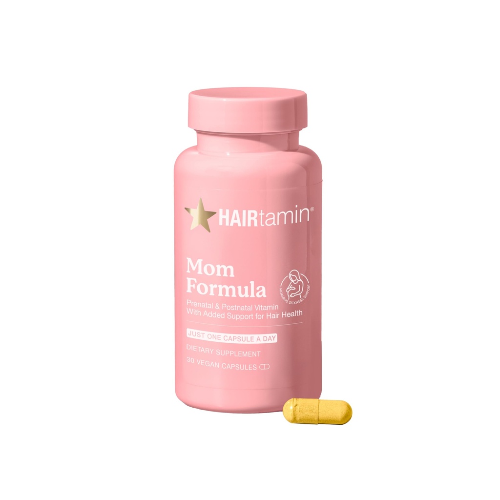 HAIRtamin MOM Vegan Prenatal & Postnatální multivitamin dodatek & Vlasové vitamíny Těhotenství, Poporodní, Kojení Probiotické One- a- Day Vlasové vitamíny s biotin, zinek, železo (30 Counts)