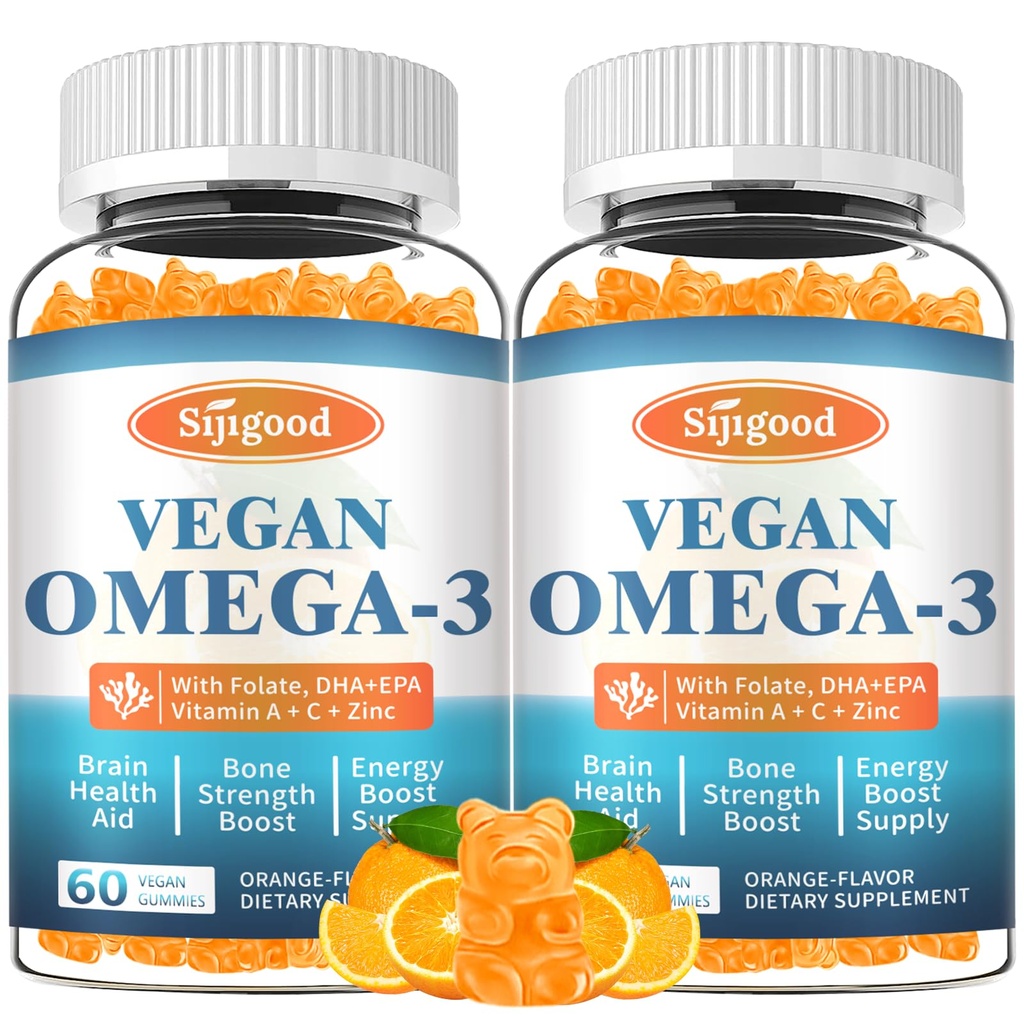 2 Pack Omega33 Gummies Potentní řasy Omega Zdroj, Zvyšování mozku, Oko a imunitní funkce, s DHA a EPA Vegan & Sugar Free, Orange Flavor, 120 Počet