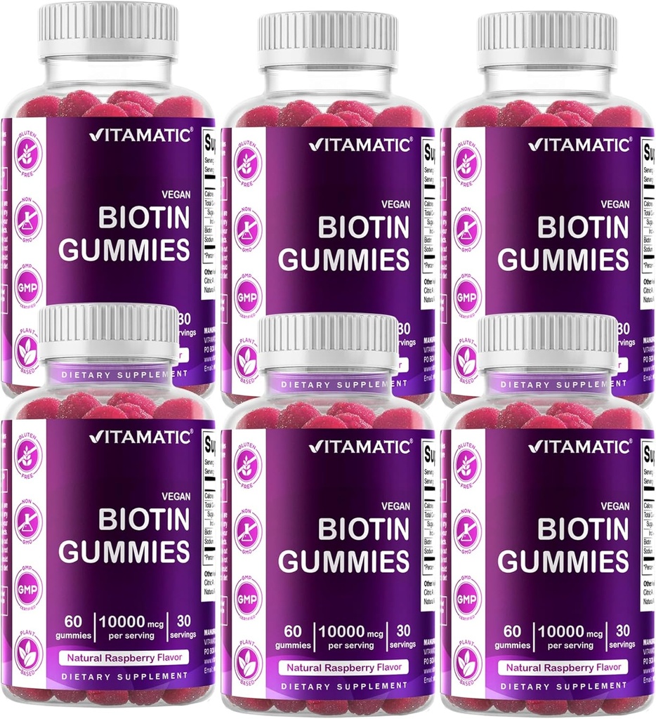 Vitamatic Biotin Gummies 10,000 mcg pro silnější vlasy, kůže a nehty - 60 Vegan Gummies - Také nazývá vitamin B7 (6 lahví)