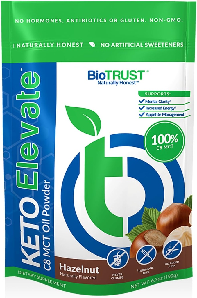 BioTrust Keto Elevate - C8 MCT Oil Powder - Ketogenní MCT Coffee Creamer, Keto Coffee Creamer - Clean Energy, Mental Focus & Clarity - 100% Capyl Acid MCT Powder, Non- GMO (Hazelnut, 20 Servings)