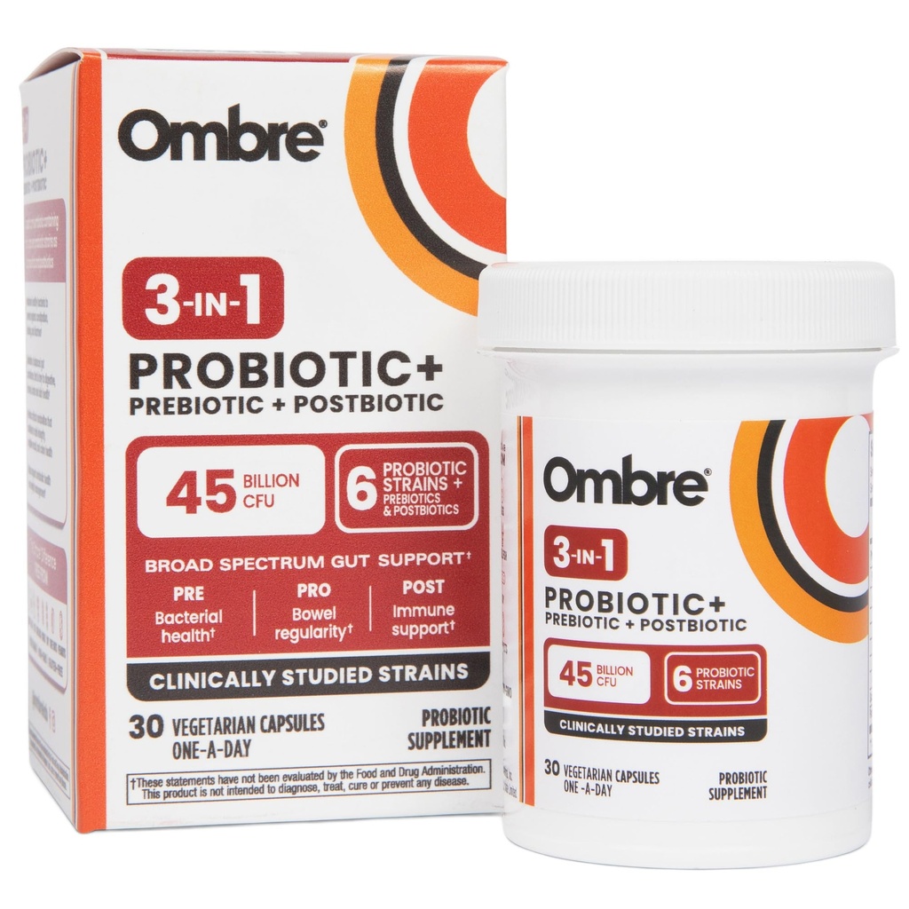 Ombre 3-in-1 Probiotický, Prebiotický a Postbiotický pro stravitelné zdraví & Gut Zdraví - 45 Miliardy CFU - Nadýmání, zácpa & Plynová pomoc - Metabolická a imunitní podpora pro ženy & Muži, 30 denní zásobování