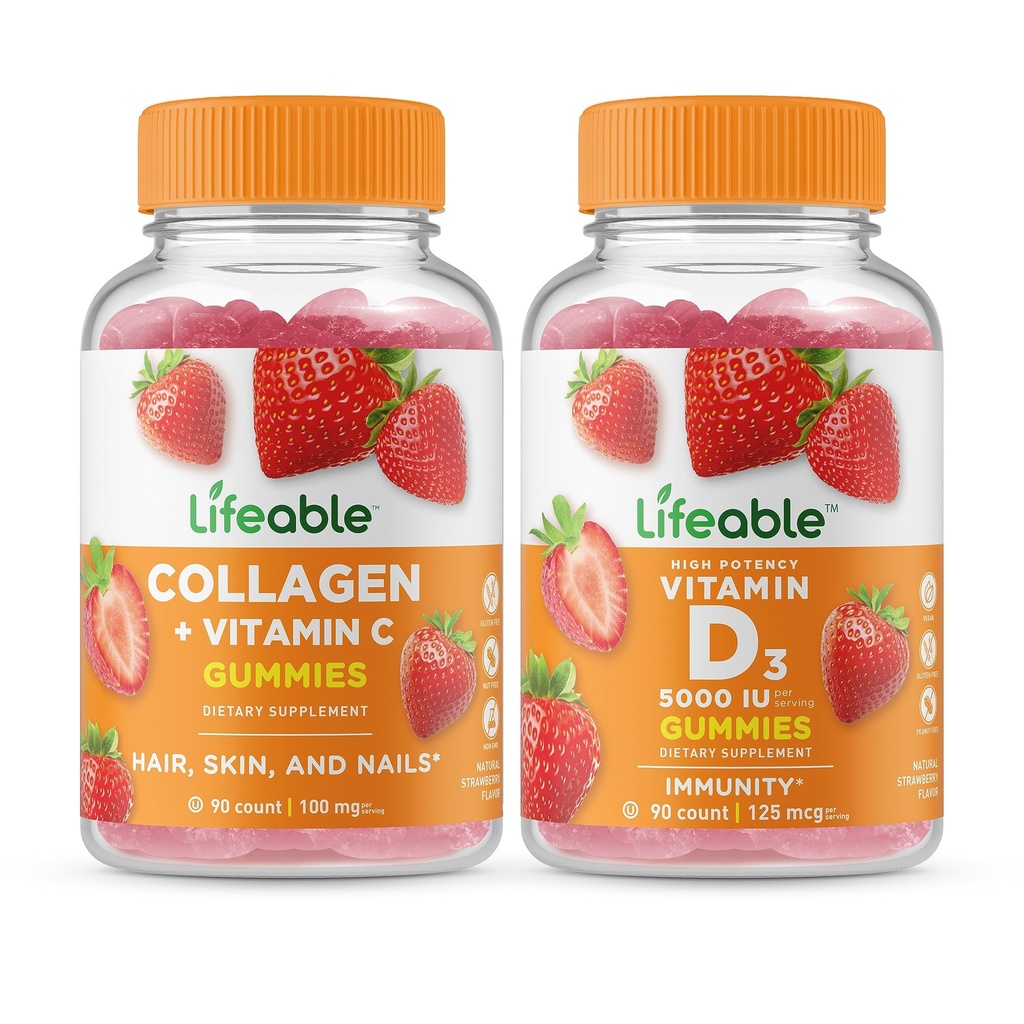 Živý kolagen a vitamin C + vitamin D 5000 IU, Gummies Bundle - Velký přípitek, doplněk vitamínu, gluten zdarma, GMO zdarma, Žvýkací žlab