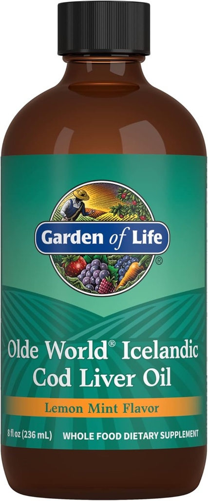 Zahrada života Old World Islandské Cod Játra olej tekutý - Lemon Mint Flavor - 1,000mg Omega 3 Rybí olej, mastné kyseliny, EPA, DHA, vitamin D & A, CLO doplňky pro hearth zdraví, 47 Služeb