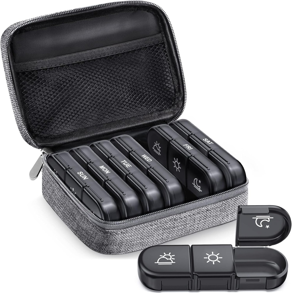 ZIKEE Large Weekly Pill Pouzdro Organizátor 3 krát denně, Přenosný Light Proof Canvas Bag Pill Box 7 Day na ochranu vašeho soukromí a uložit léky, vitamín, rybí olej, dodatek (šedý)