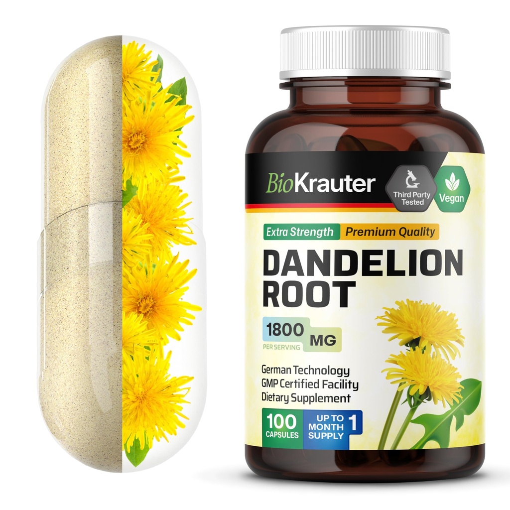 BIO KRAUTER Kořenové kapsle Pampelišky - 1800 mg Síla - 100 Počet - Doplatek Pampelišky - Veganské kapsle pro podporu jater
