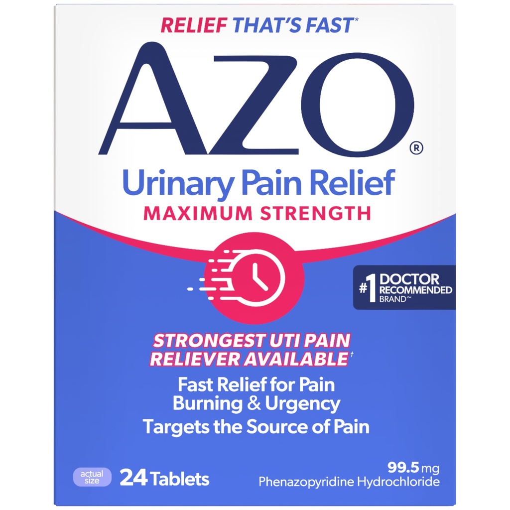 AZO Močová bolest Relief Maximální síla, Rychlá úleva od UTI bolesti, Hoření a naléhavost, Cíle Zdroj bolesti, # 1 Nejdůvěryhodnější značka, 24 tablet