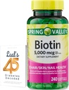 Jarní údolí Biotin 5000 mcg 240 Počet, Dietní dodatek pro vlasové kožní nehty, Vlasové vitamíny pro vlasové ztráty pro ženy Bundle s Lual 45 Cukrovka Decoded