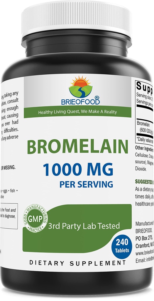Brieofood Bromelain 1000mg per Serving 240 tablet - Proteolytic Digestive Enzyme - Podporuje zdravé trávení, společné zdraví, nutriční absorpce