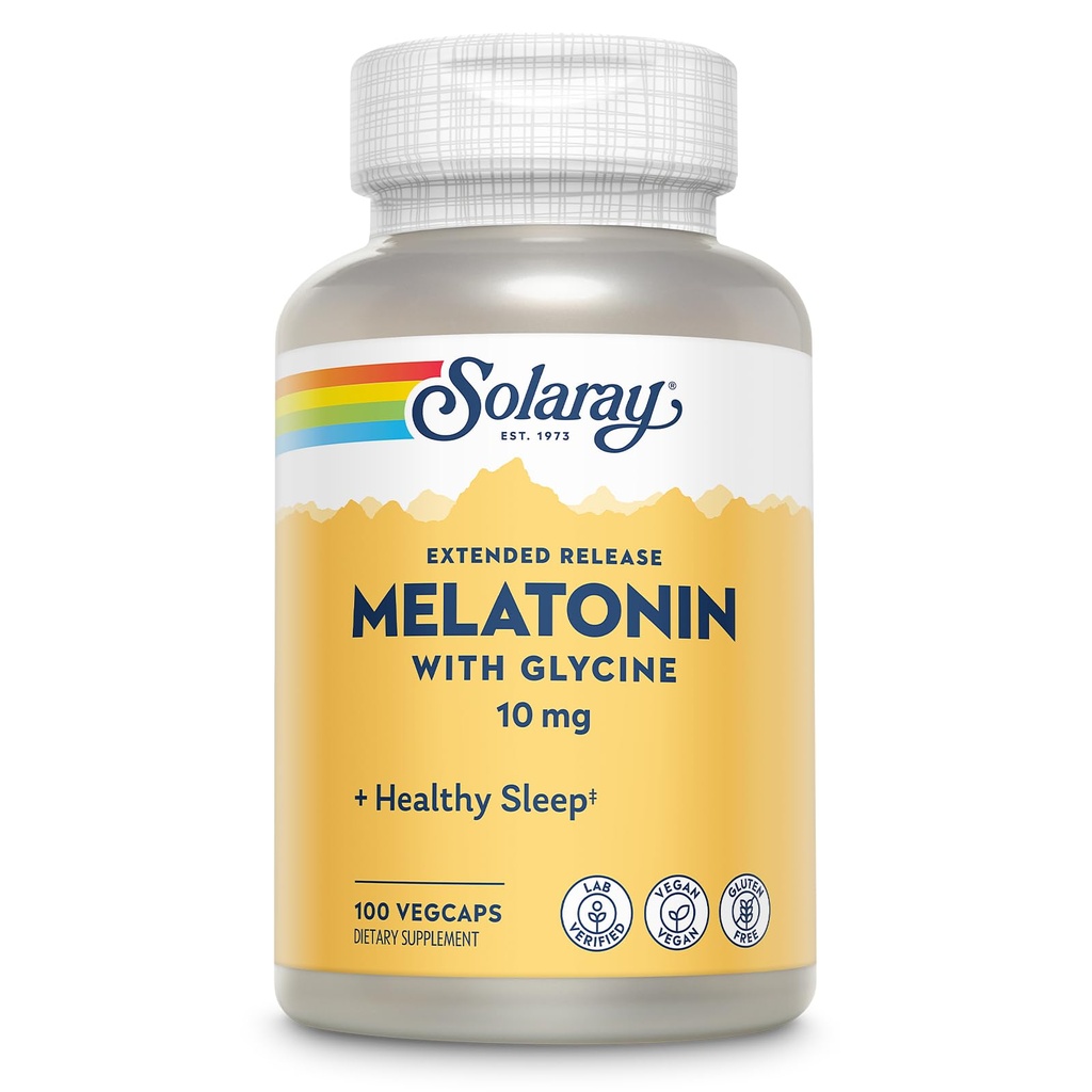 SOLARAY Melatonin 10 mg s Glycinem - rozšířené uvolnění, zdravá spánková pomoc a uklidňující relaxační podpora - Laboratorní ověřené, Vegan, gluten zdarma, 60denní záruka - 100 Služeb, 100 VegCaps
