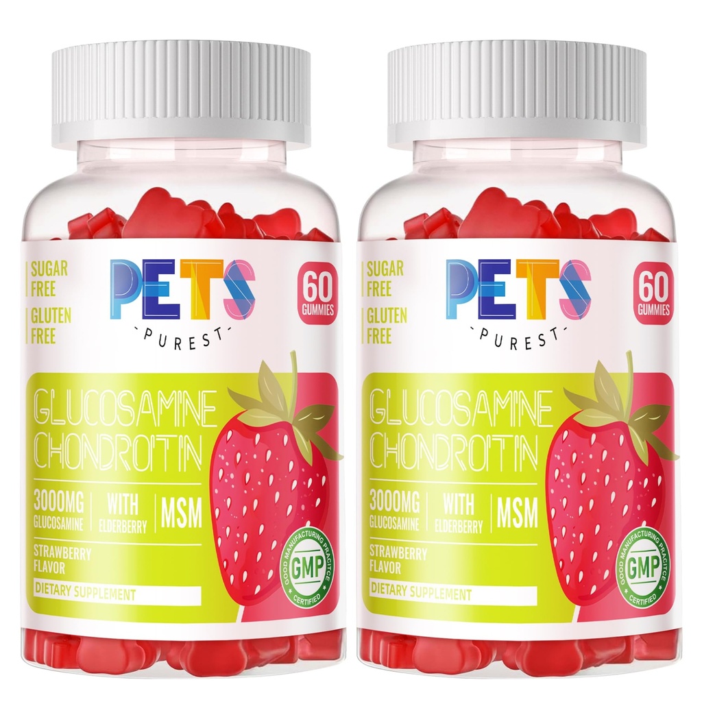 Purest Glucosamine Chondroitin Gummies s MSM & Elderberry Extra Strength - Společná podpora, Antioxidant Imunitní Supplement pro dospělé, muže a ženy. (2 Pack) Jahoda