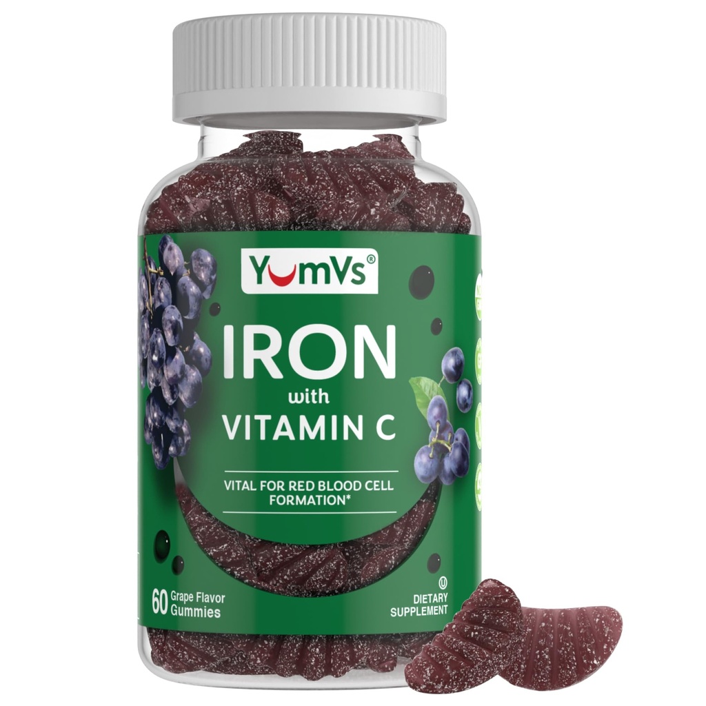Železné gumy Doplněk s vitamínem C - 10 mg Železný dodatek - Great-Ochutnávající gumy Grape Flavor - Podporuje imunitní zdraví a pomáhá s deficitem železa - Vegan, Kosher, Non-GMO - 60 Počet
