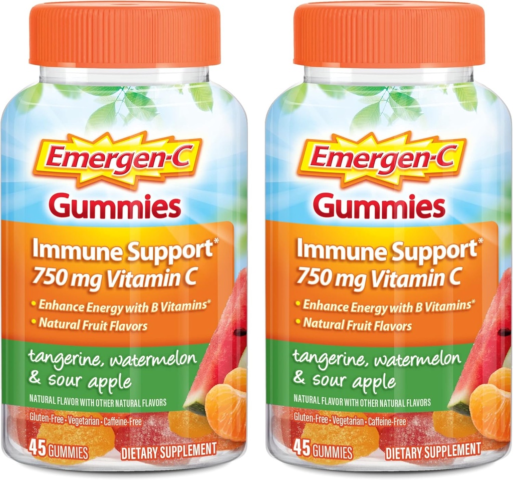 Emergen- C Vitamin C Gummies, Dietní dodatek pro imunitní podporu, Tangerine, Meloun a Sur Apple Flavor - 45 Počet x 2 (balení po 2)