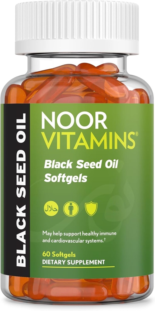 Noor Vitamins Halal Black Seed Oil Capsules, Halal Vitamins, 1000 mg Black Seed Oil from Nigella Sativa, Thymoquinone, Non- GMO, Gluten Free, 60 Count