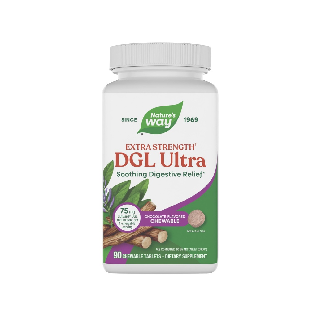 Nature 's Way DGL Ultra Extra Strength * *, Premium Licorice Root Extract, Soothing Digestive Relief *, with Gutgard, Vegan & gluten Free, Chocolate Flasured, 90 Žvýkací tablety (Balení květen Vary)