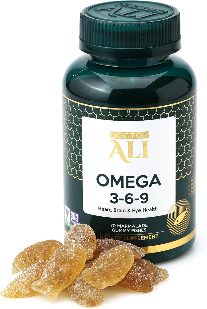 Doctor ALI - Vegan Omega 3-6-9 Gummies PHAR124; Fish- Free, Non- GMO, Organic Ingredients PHAR124; Brain, Heart & Vision Support for Dospělí & Kids PHAR124; Gelatin- Free PHAR124; Gluten- Free Gluten- Free GAR124; 70 Count