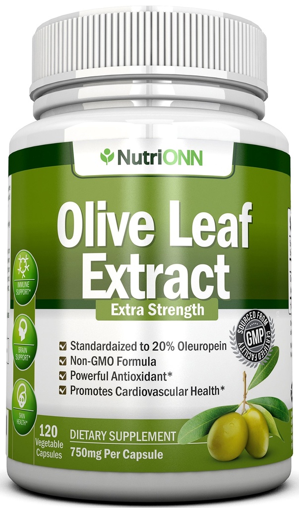 Olive Leaf Extract - 750 Mg - 120 Kapsle - Extra Strength - 20% Oleuropein - Non- GMO Formule - Prémiová kvalita z čistých olivových listů - Výkonný antioxidant - Skvělé pro srdce, kůži a mozek