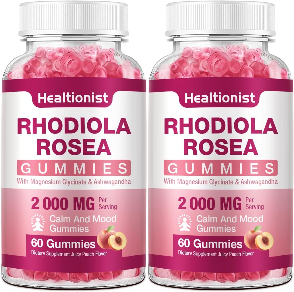 2 Balení Sugar- Volný Rhoddiola Rosea Gummies Adaptogenní Rhoddiola Rosea dodatek & Cortisol Blocker pro výkon, Stamina, Mood & Motivace - Non- GMO, 120 Vegan Chews
