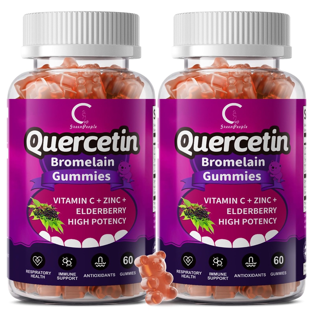 Quercetin Gummies - Quercetin s Bromelain, Vitamin C, Zink & Elderberry, Extra síla imunitní systém Booster, Lung Supplement pro dospělé děti - 60 Quercetin Gummies (2 Pack)