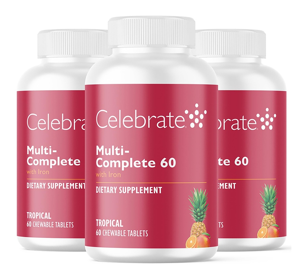 Oslavte Vitamíny Multi- Complete Chewables, 60mg Iron - Denní Bariatric Multivitamin pro Sleeve Gastrektomie & Gastric Bypass Chirurgie Pacienti - Essential Vitamíny & Minerály - Tropické (180 Tablety)