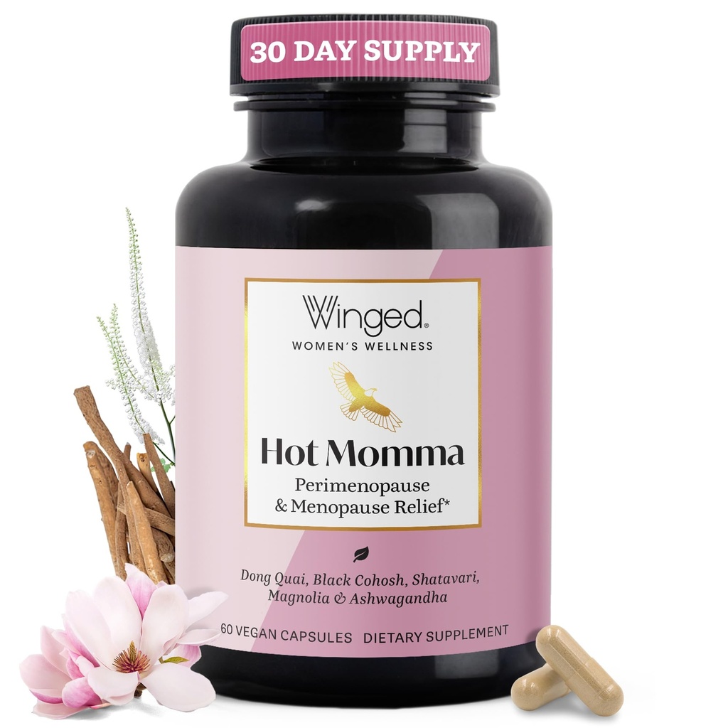 Okřídlené Wellness Hot Moma Menopauza Doplňky pro ženy - Hormone- Free Menopauza Relief Support for Hot Flashes & Night Sweats with Chaste Tree Berry, Multivitamins & Více - 60 Vegan Kapsle