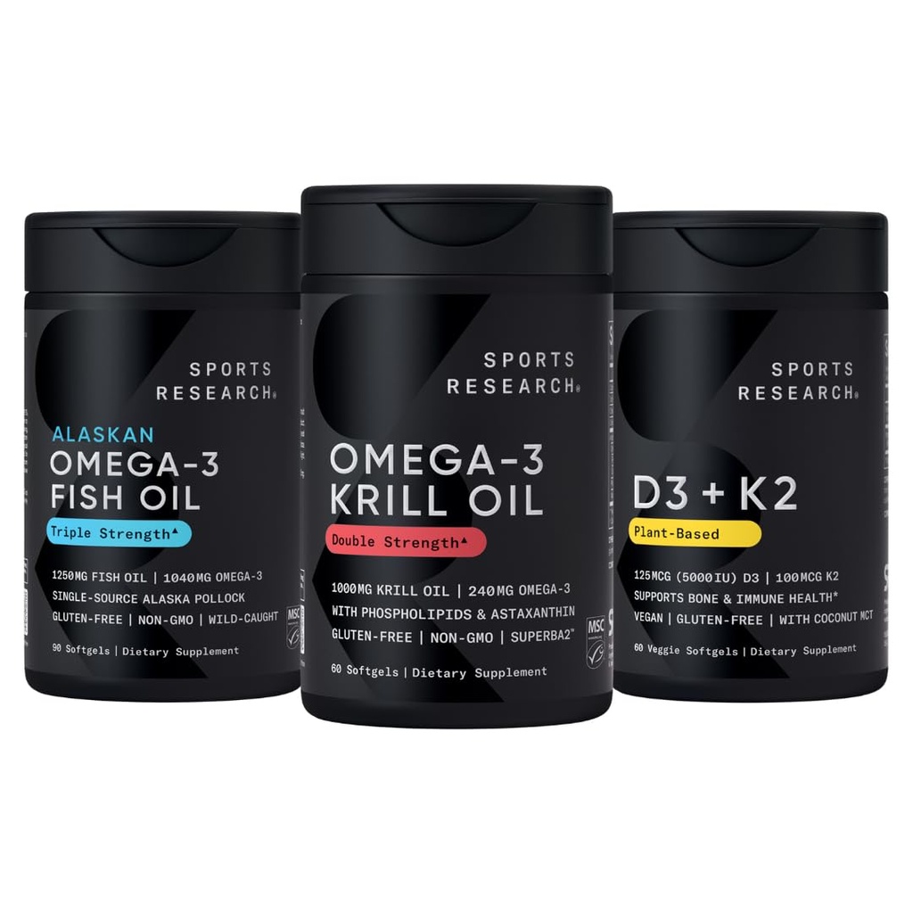 Sportovní výzkum Antarktický krilový olej Omega 3 1000mg (Double Strength) s fosfolipidy, Cholin & Astaxanthin, Triple Strength Omega 3 Fish Oil Single-Source Wild Aljaška Pollock 1250mg, Vitamin D3 K2