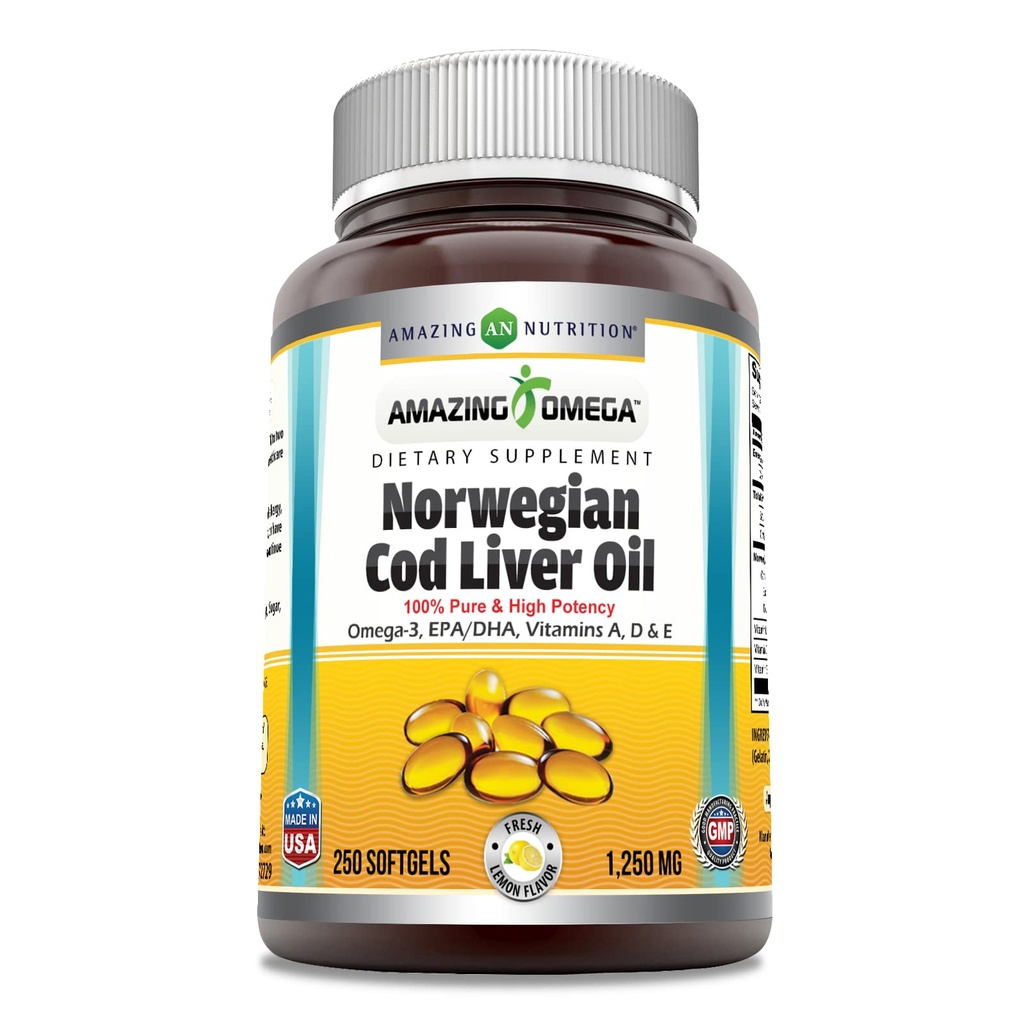 Amazing Omega Norské Cod Játra olej 1250 Mg Softgels dodatek 124; Omega33, EPA, DHA, Vitamin A, Vitamin D & Vitamin E (Citrony 124; 250 Počet)