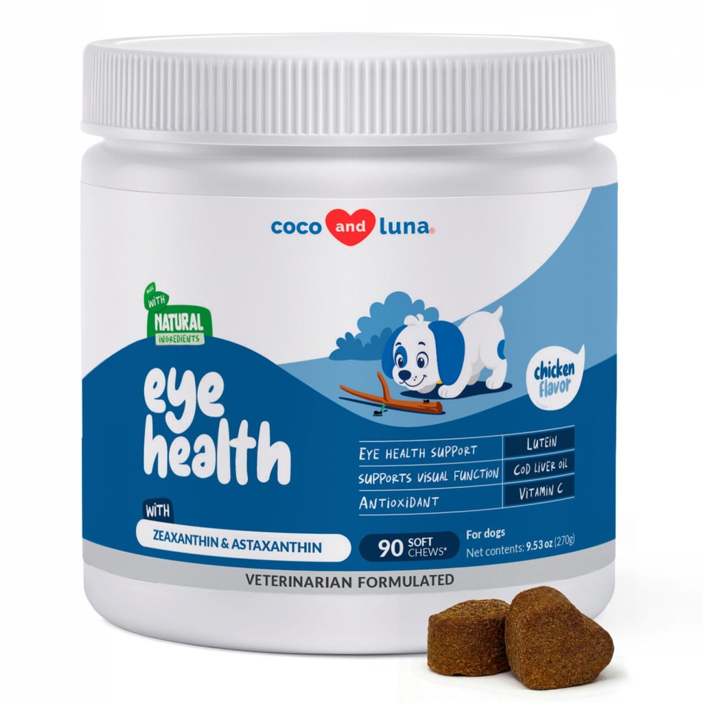 Oční podpora pro psy - 90 měkkých žvýkaček - Dog doplňky pro vize, oční vitamíny pro psy, s Cod Jaterní olej Antioxidant, Dog Omega dodatek, Omega 3 EPA a DHA mastné kyseliny.
