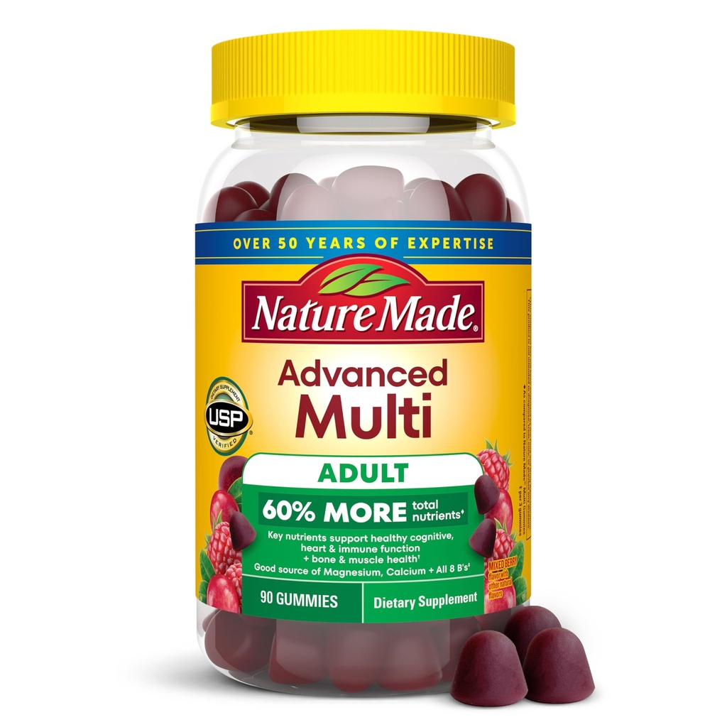 Příroda Vyrobeno pokročilé multivitaminové gumy pro dospělé, ženy a muži Multivitaminové gumy s hořčíkem Citrát, vápník & B Vitamíny, Denní podpora, 90 gumy, 30 denní zásobování