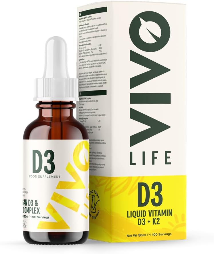 Vivo Life - Vitamin D3 K2, 50ml Kapky tekutého komplexu, 2000iu D3, Veganský doplněk zdraví pro muže a ženy, 100 Služeb