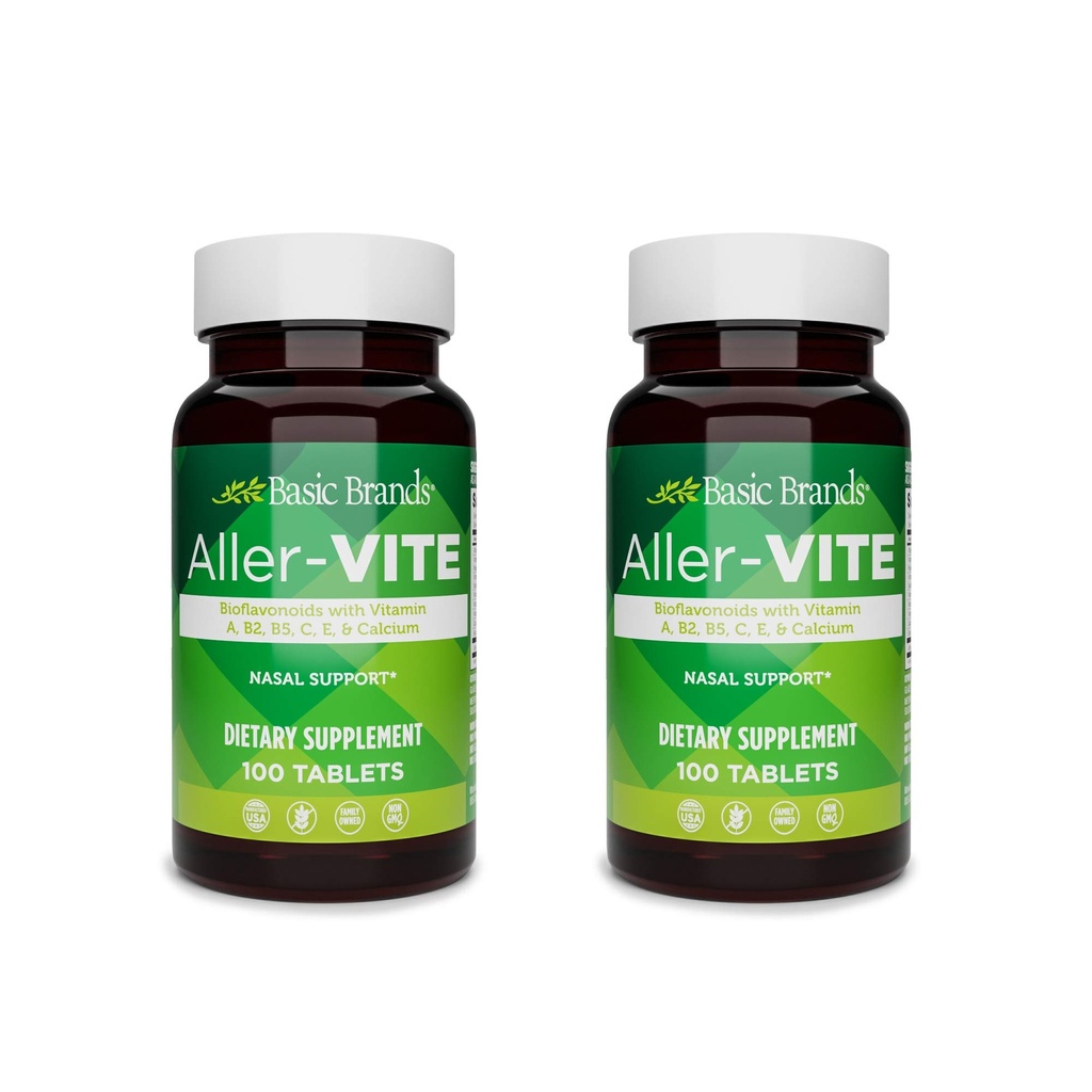 Basic Brands Aler- Vite - Natural Alergics Relief Tablety - Homeopatická Sinus & Nasal Podpora s bioflavonoidy, Vitaminy A, B2, B5, C, E & Vápník - 100 Vegan Tablety - 2- Pack