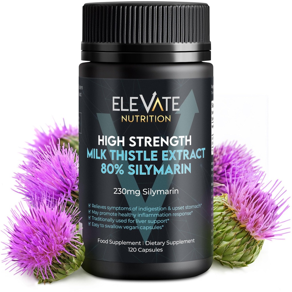 ELEVATE NUTRITION Mléko Thistle - 288 mg, 80% Silymarin Extract - 120 Vegan Kapsle - Dodatek k dietě - Pomáhá udržet funkci jater a stravitelný komfort