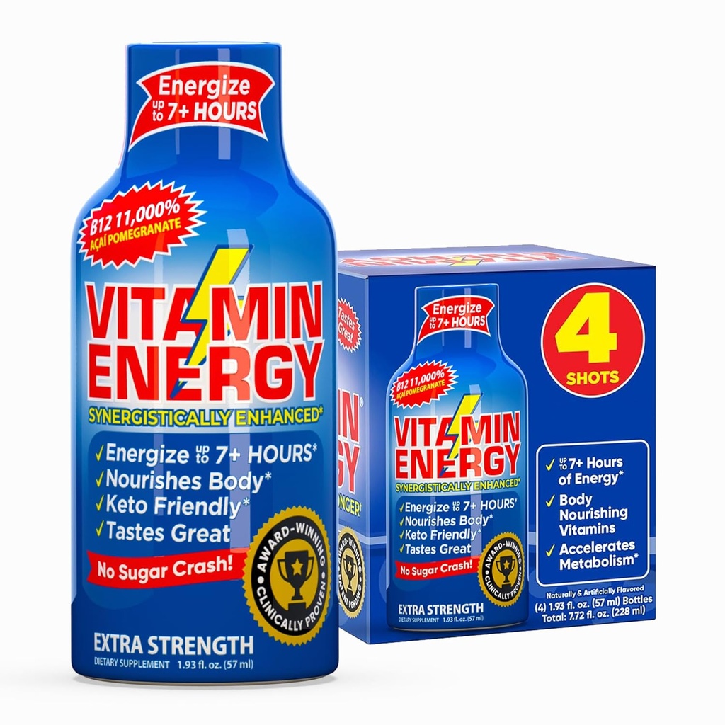 Vitamin Energy B12 11,000% Extra Strength Energy Shot Açaí Pomegranate 4 Pack, 260mg přírodní kofein, B12 & B6, nootropic Focus, Vitality, Nulový cukr, gluten- Free, Vegan, Kosher, 1.93 fl oz
