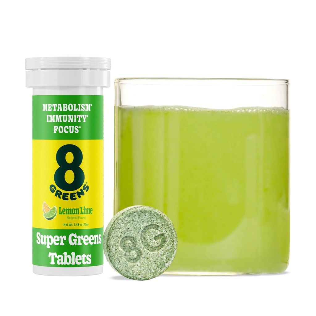 8Zelené Supergreens Tablety CARL 124; Super Zelené Powder Superfood Tablet, Metabolismus Immunity & Focus, Denní Zelené Effervescent Tablety, Organic: Aloe Vera, Spirulina, Chlorella, Lemon Lime, 10 Služeb
