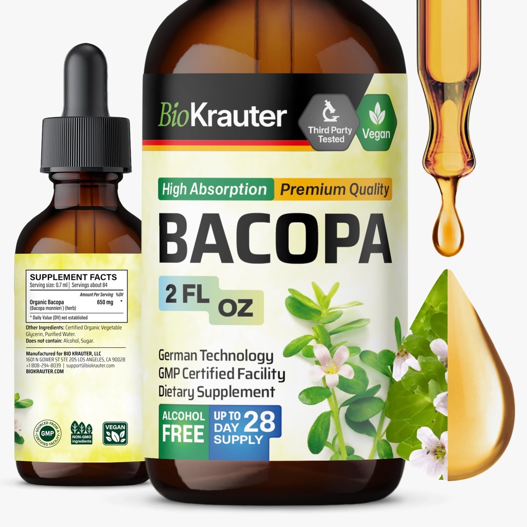 BIO KRAUTER Bacopa Monnieri Drops - Mozková podpora Brahmi doplňky - Liquid Bacopa doplňky - Alkohol & cukr zdarma - Vegan 2 Fl.Oz.