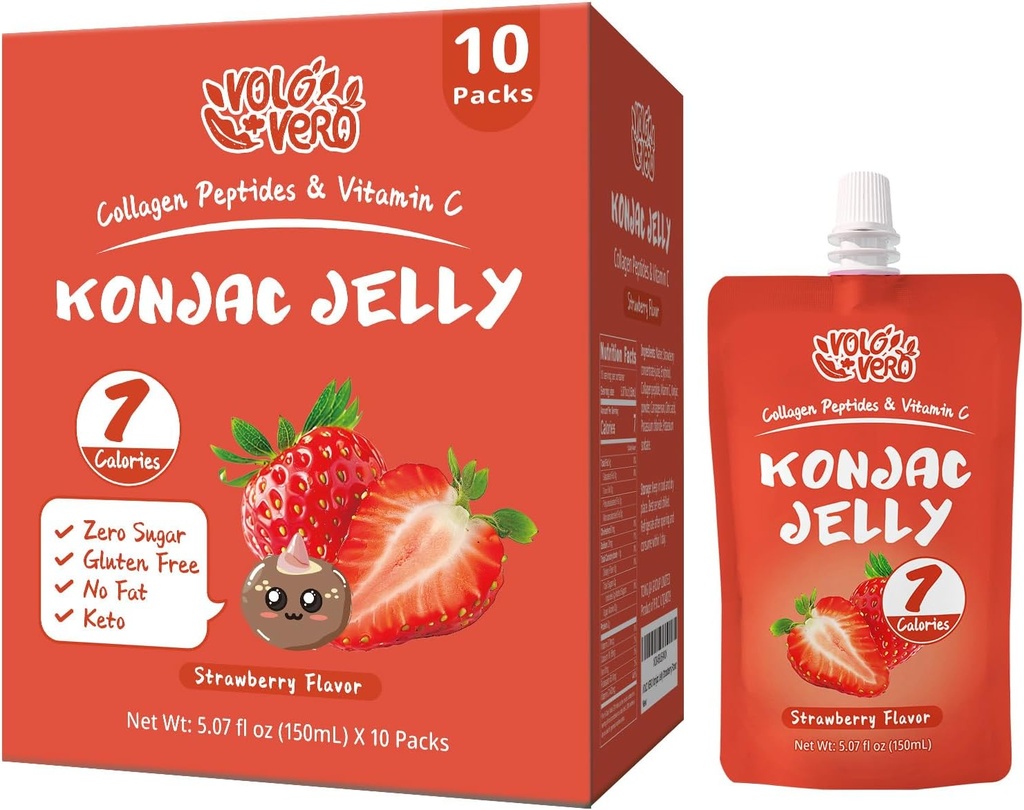 Konjac Jelly Pouch Drtitelné jahodové ochucené, 7 kalorií, gluten zdarma, nulový cukr, Keto, kolagen Peptidy a vitamín C, nízkotučné zdravé ovocné svačinky, prázdninové dárky, 10 balení