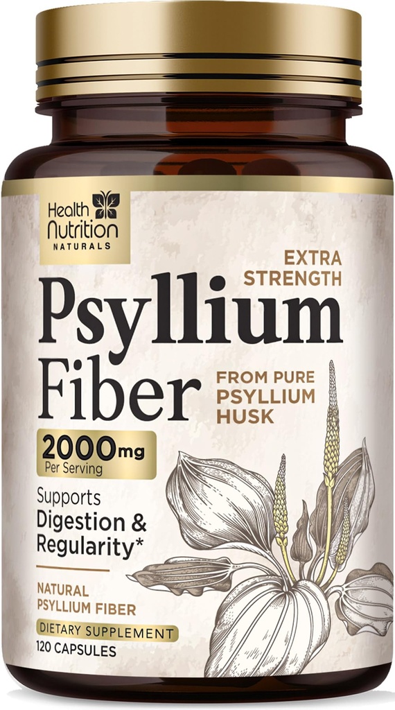 Psylium Husk Kapsle 1500 mg - Natural Fiber Supplement Pills, Daily Digestion, Colon Health, & Regularity Support, Plant Based Psyllium Husks Powder Caps, Vegan, Non- GMO - 120 Veggie Kapsle